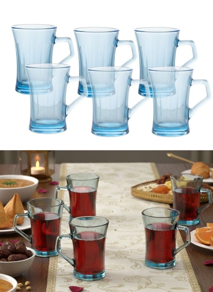 Premium Blue Glass Tea Mug Set of 6 pcs – Transparent Handle Cups for Tea, Coffee & Water - Image 1